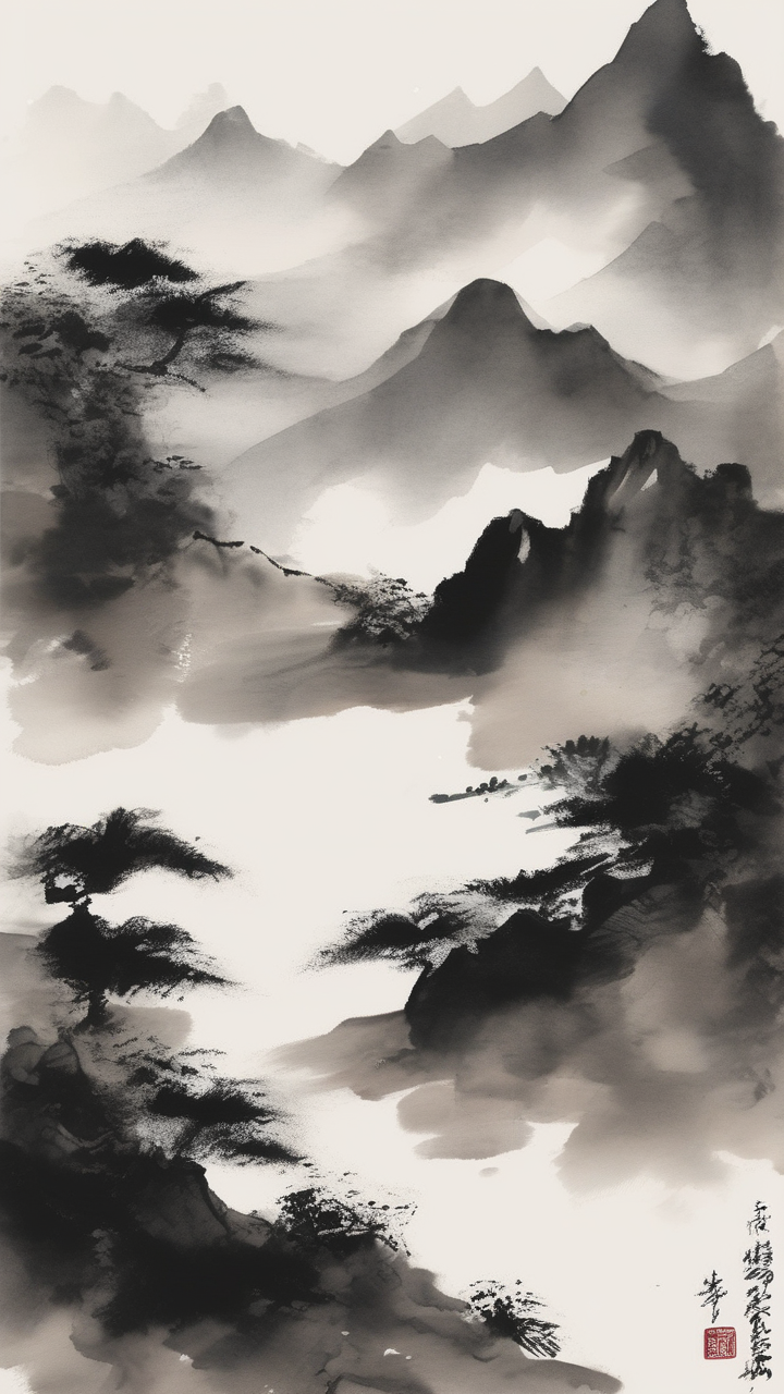 Ink wash minimal — a single mountain in Chinese ink wash style