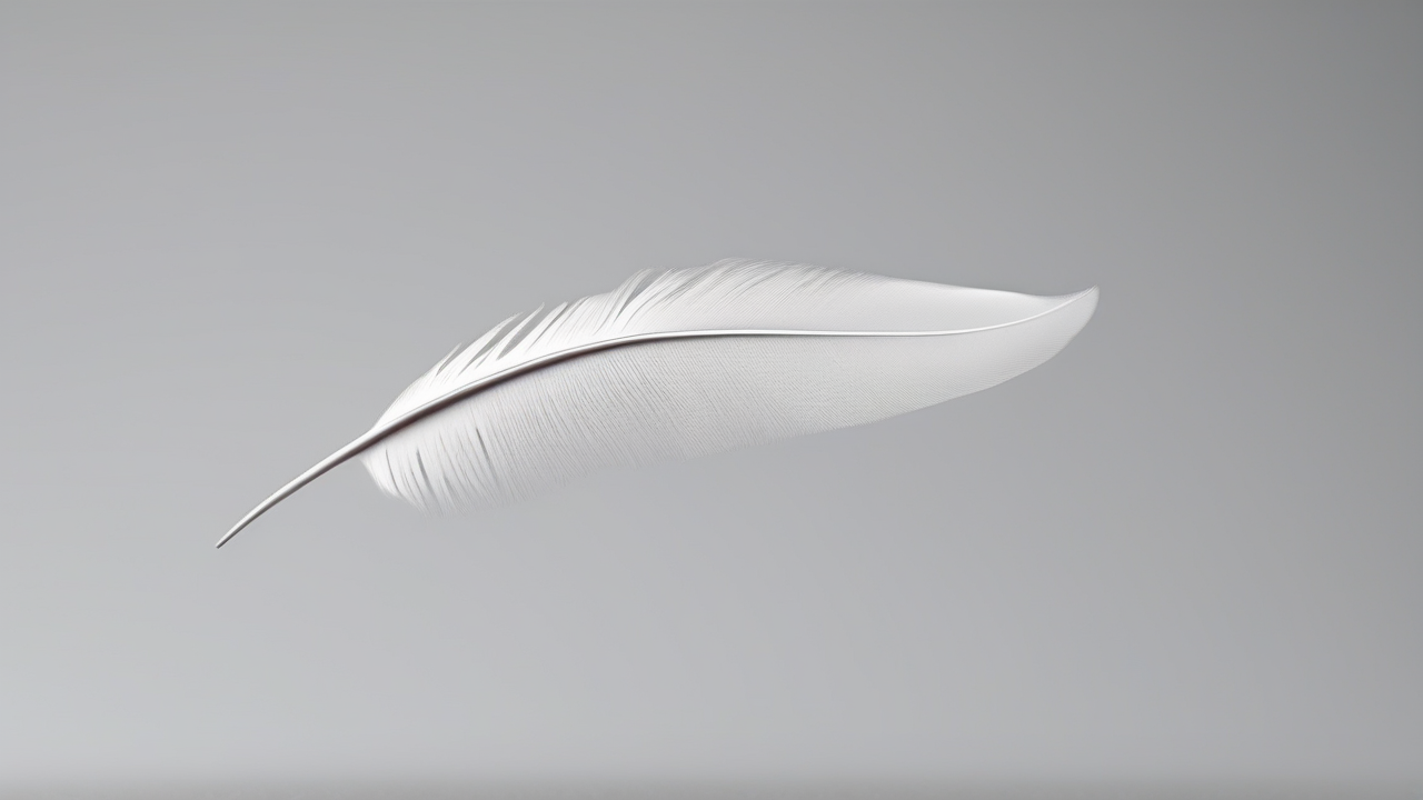 A single white feather falling on black