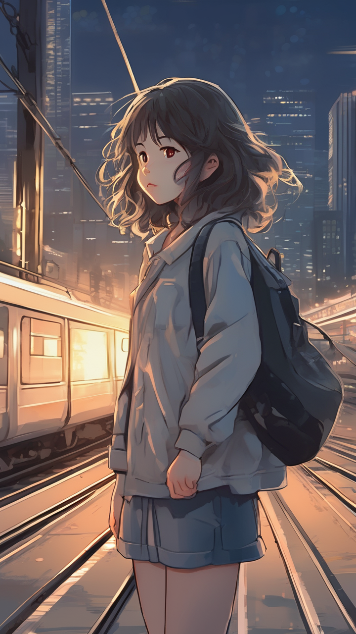 Anime-style girl standing on a train platform at dusk