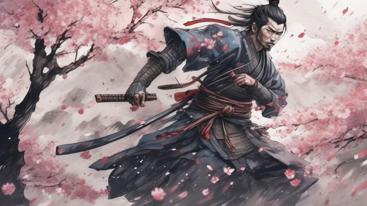 Samurai in cherry blossom storm