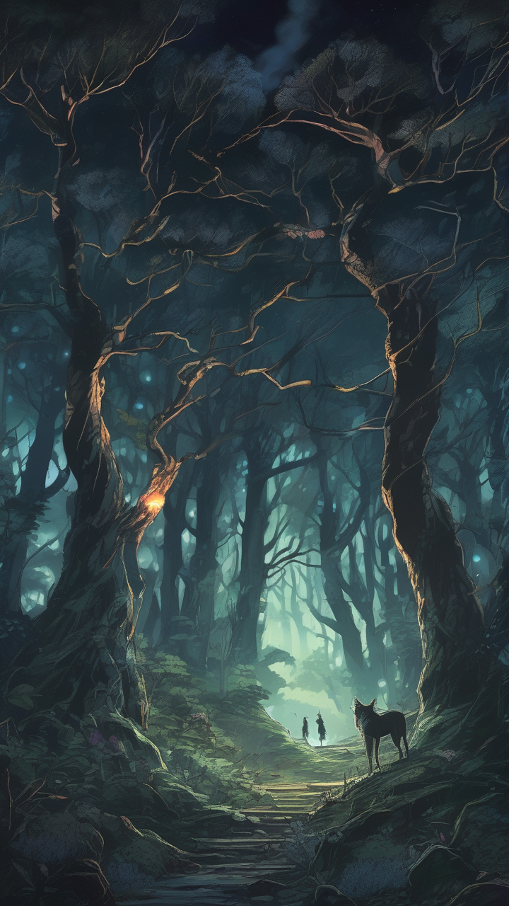 Dark anime forest at midnight
