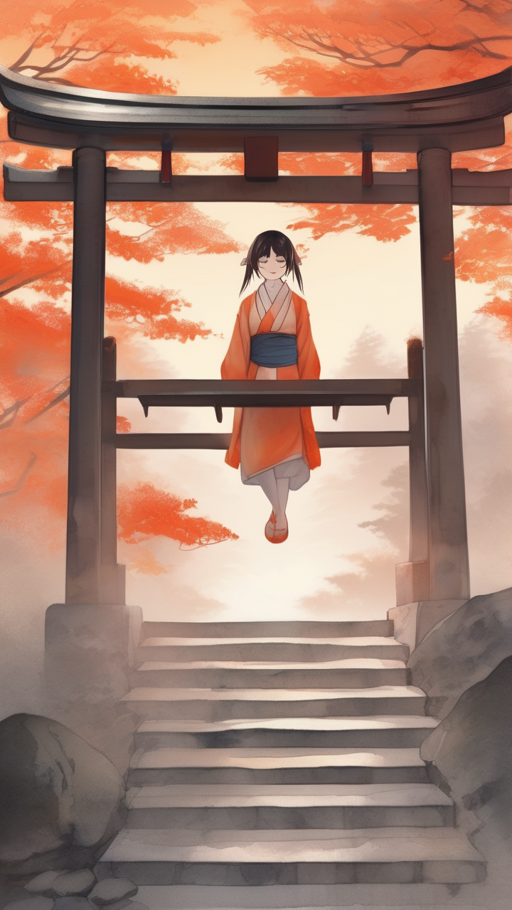 Anime shrine maiden on stone steps at dawn