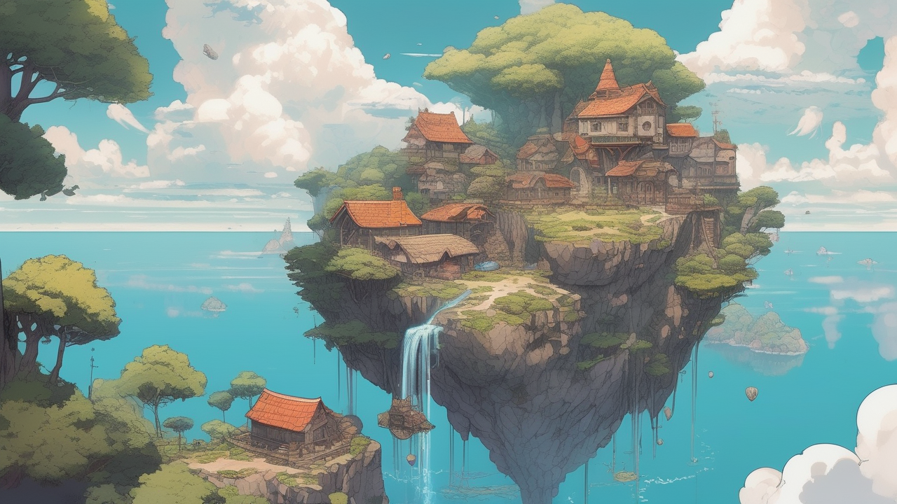 Anime sky island — a floating rock with a village