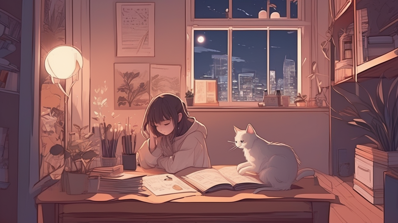 Lofi anime girl studying in her room at 2AM