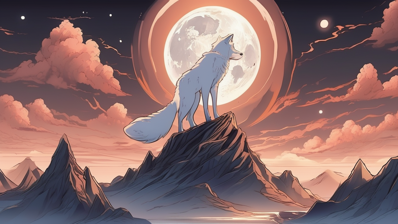 Supernatural anime — a spirit fox with nine glowing tails on a moonlit mountain