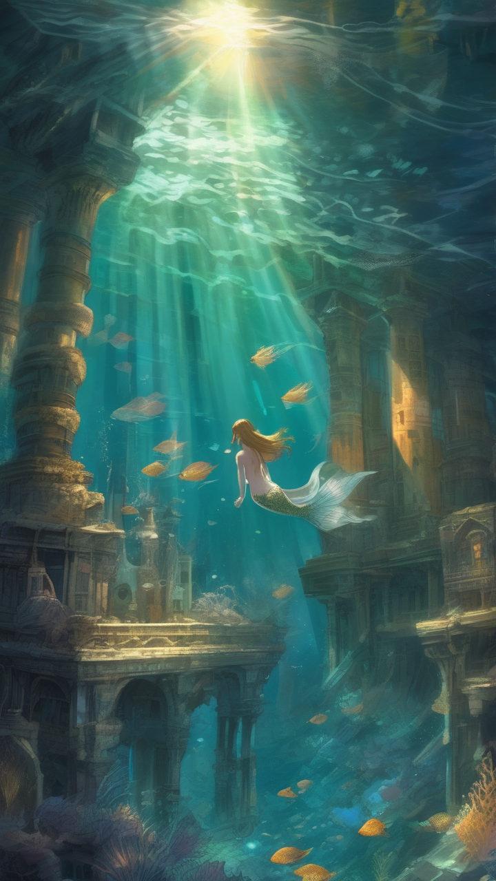 Anime underwater — a mermaid in an ancient sunken city