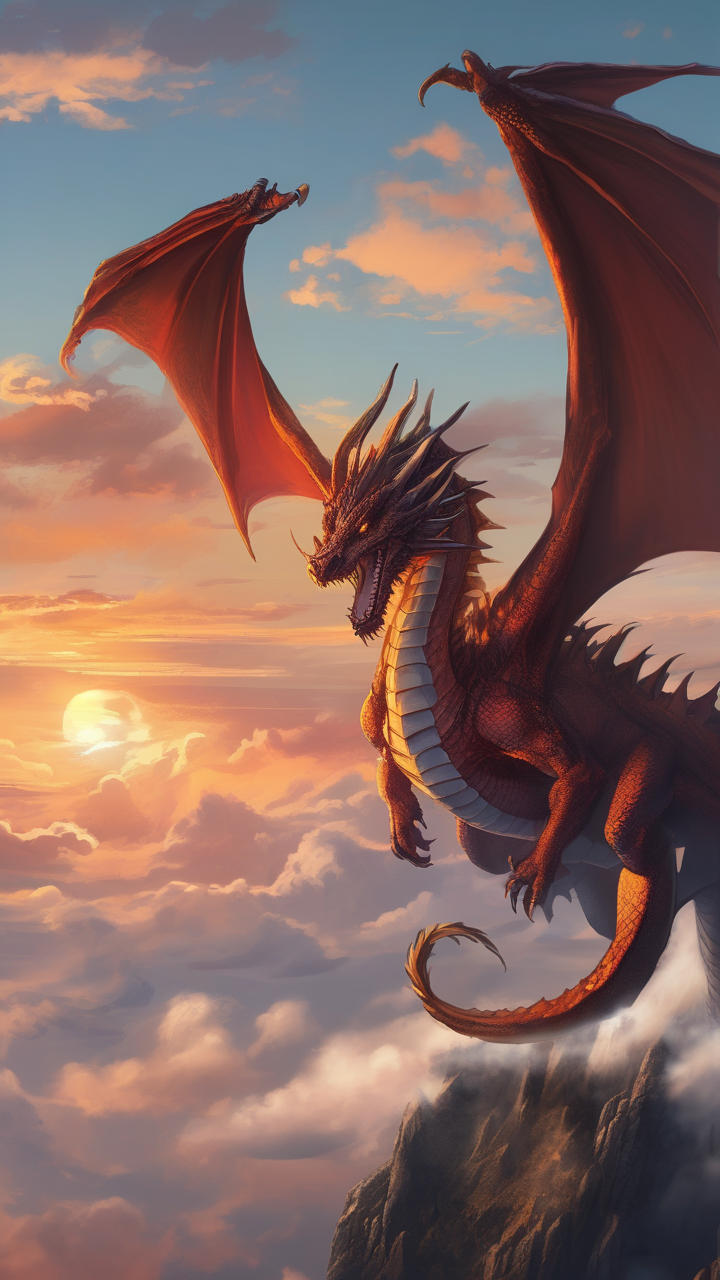A dragon and its rider above the clouds at sunset