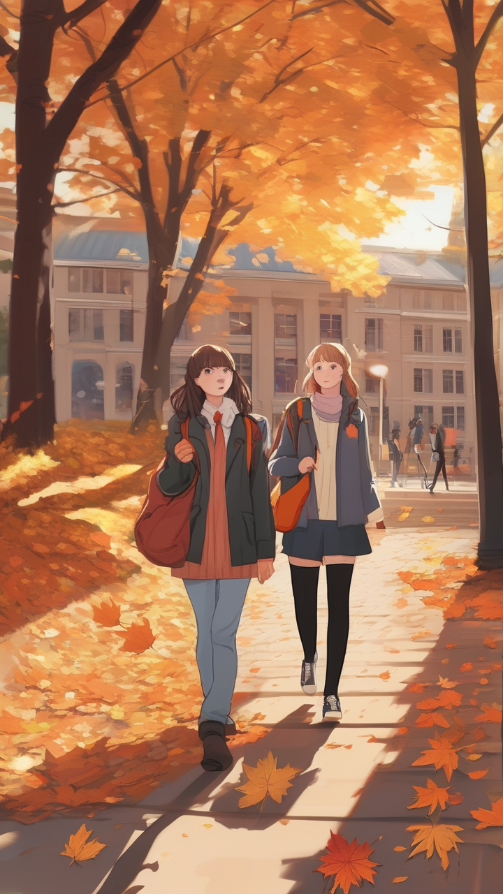 Cozy anime autumn — students walking through a university campus with falling maple leaves