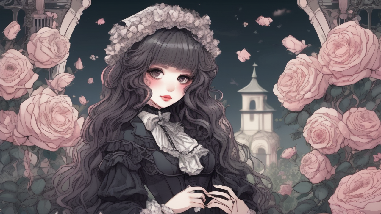 Anime gothic lolita character in a Victorian rose garden