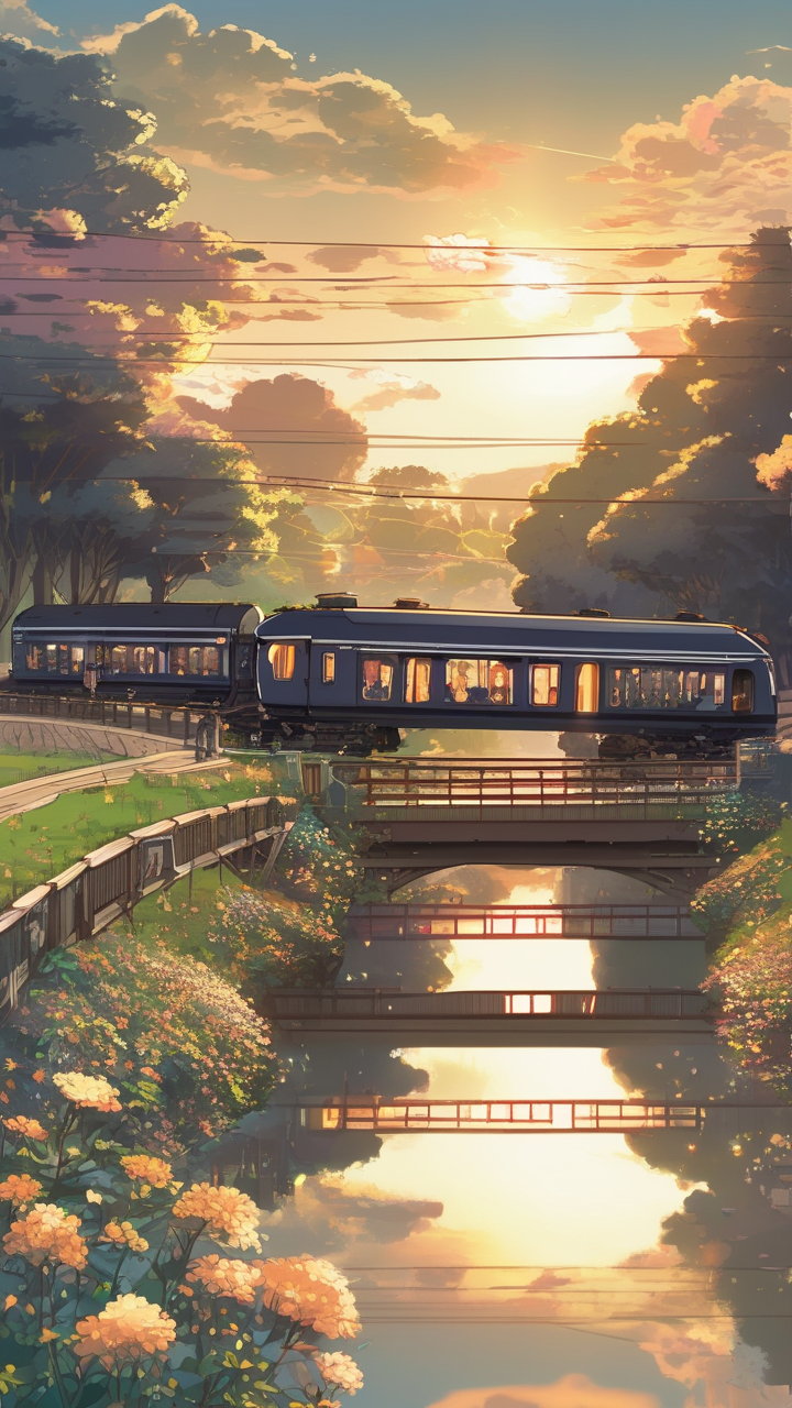 Shinkai-style anime train crossing a countryside bridge at dusk
