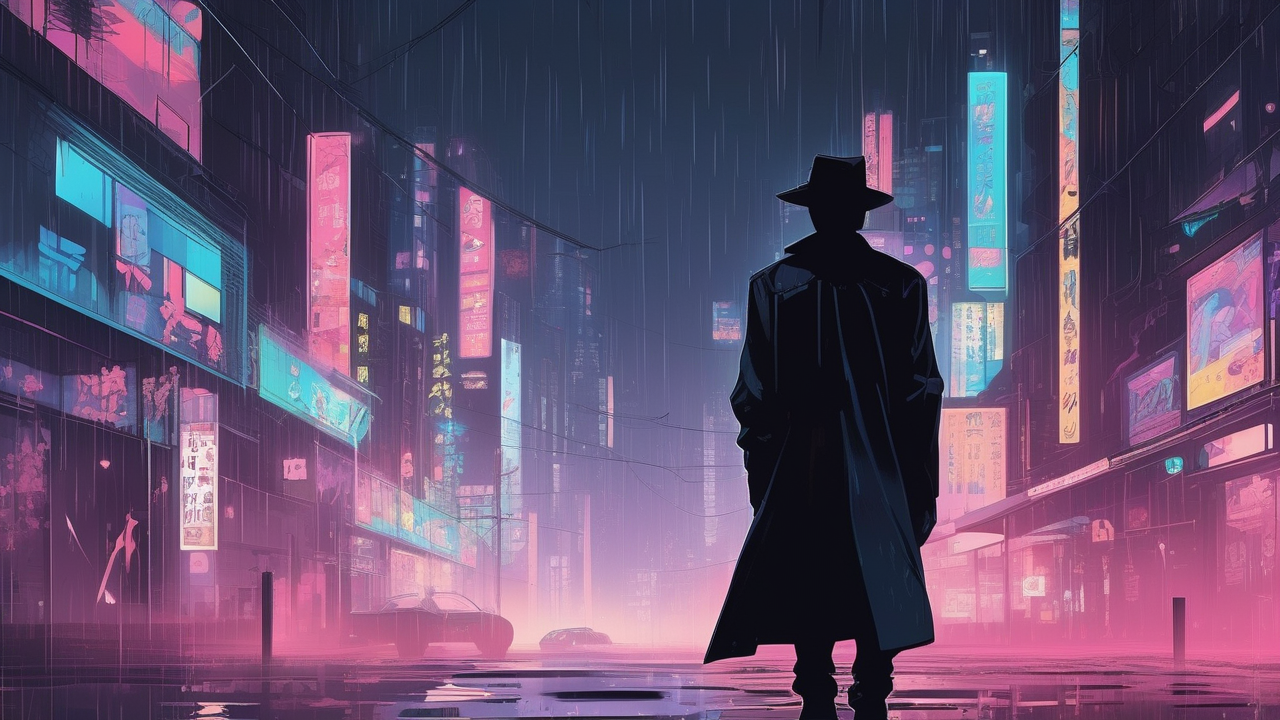 Dark anime — a detective in a rain-soaked neon city at night