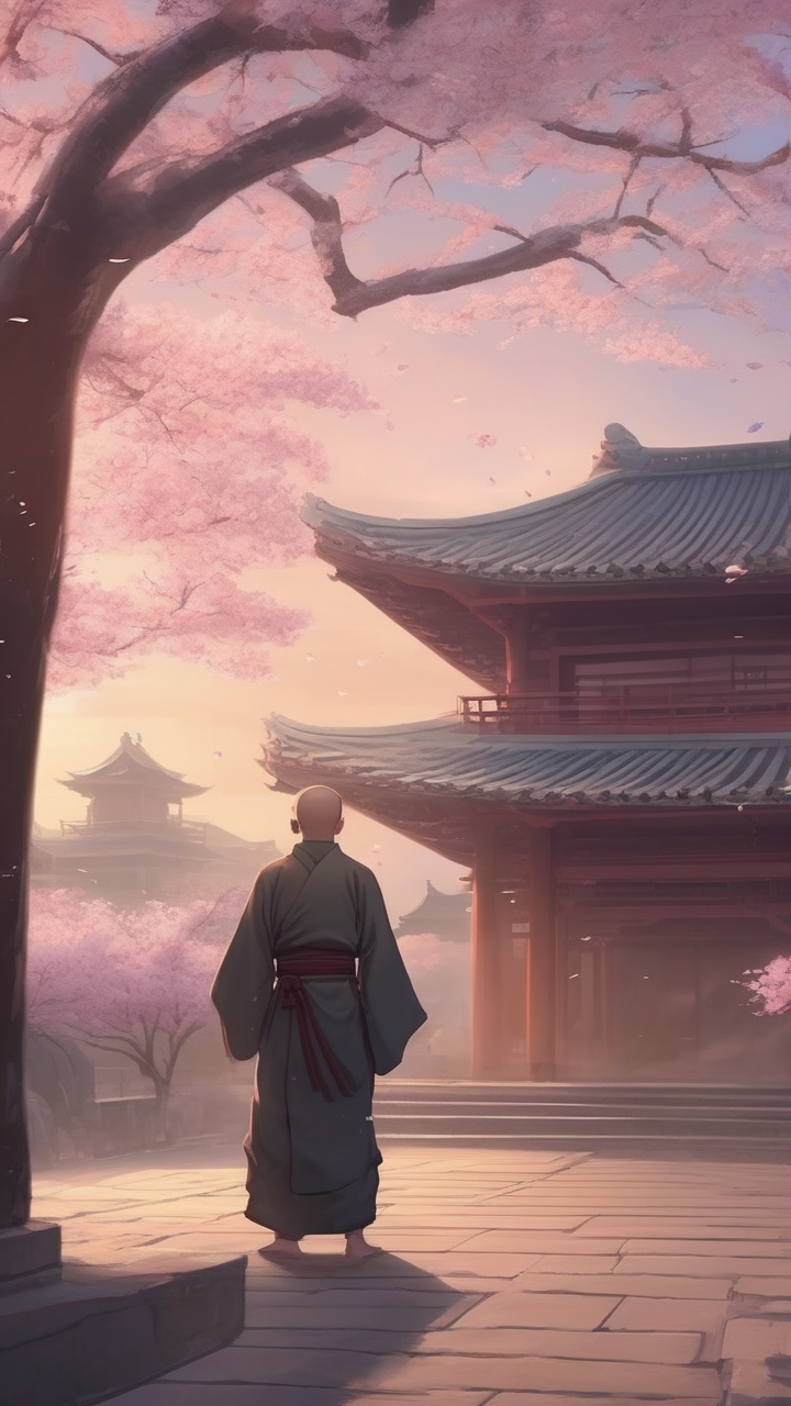Ancient anime temple at dawn