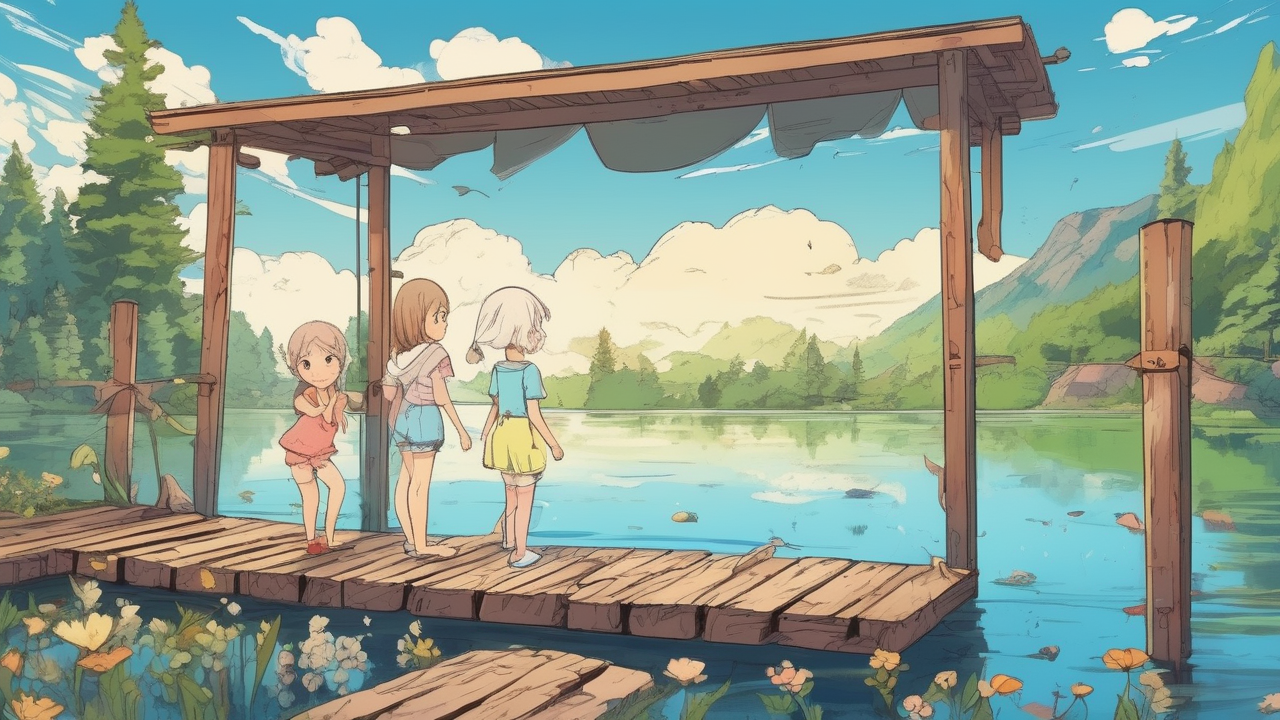 Anime summer camp — kids swimming in a mountain lake