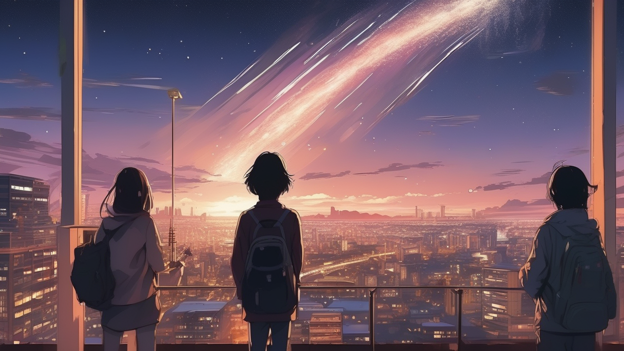Night anime cityscape with a comet streaking across the sky