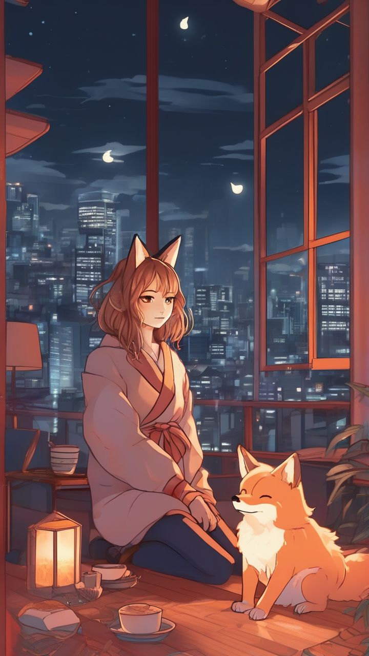 A kitsune girl in a modern Tokyo apartment at night