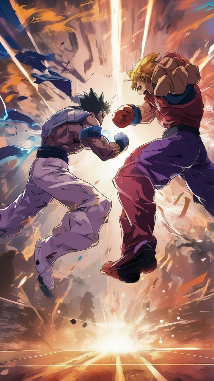 Anime tournament arc — two fighters in a dramatic clash