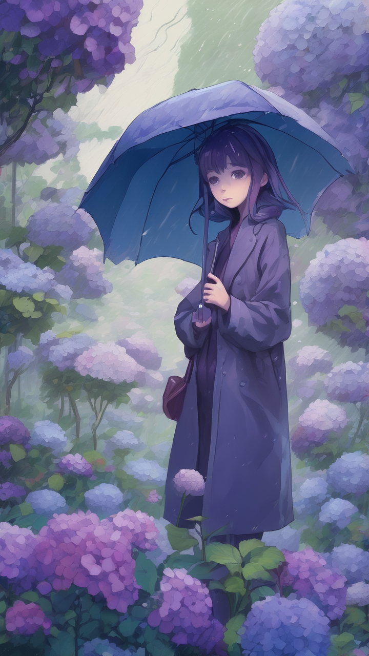 Anime garden in rain — a girl with umbrella in a hydrangea garden
