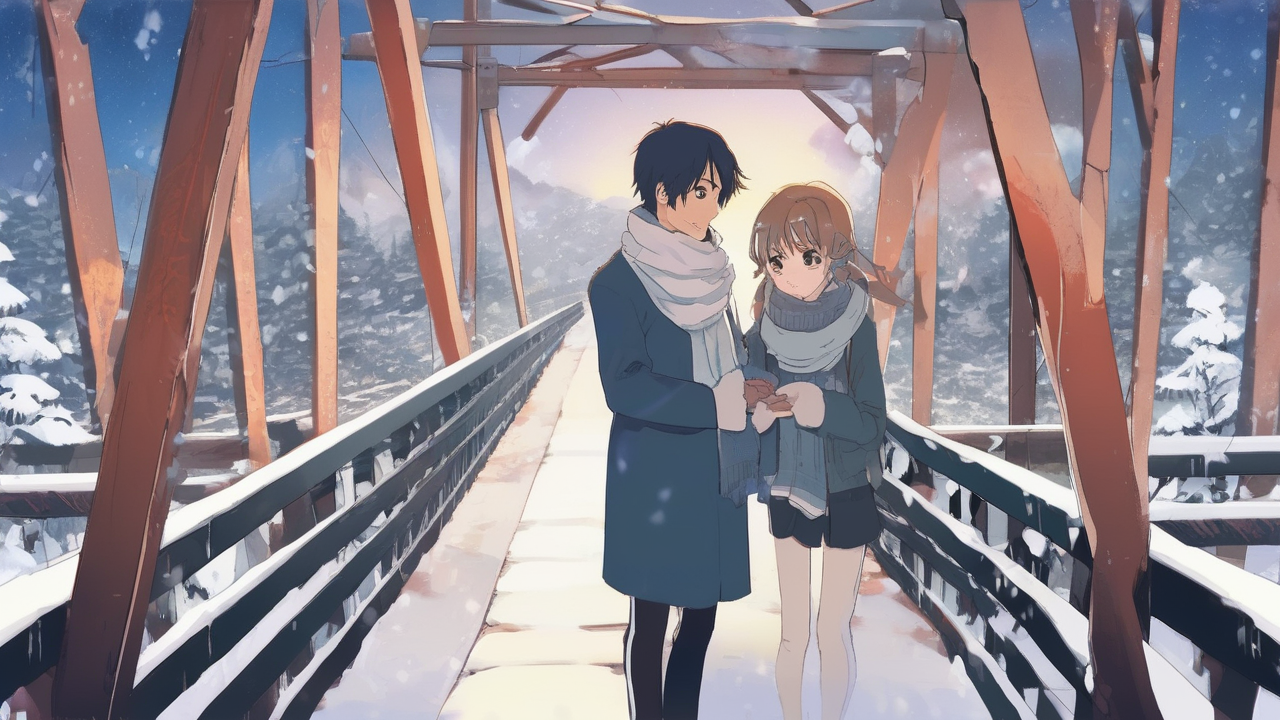 Anime winter — a girl and boy sharing a scarf on a snowy bridge
