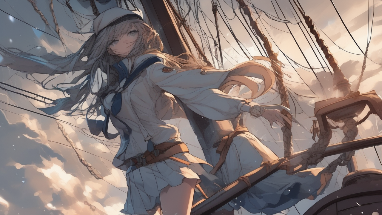 Anime sailor girl on a tall ship in a storm