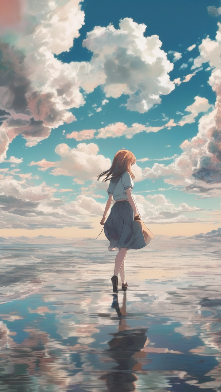 Anime dream sequence — a girl walking through a surreal landscape where clouds are solid and the sky is a sea