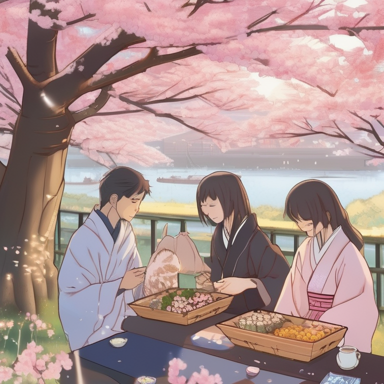 Anime-style Hanami (flower viewing) party under full cherry blossoms