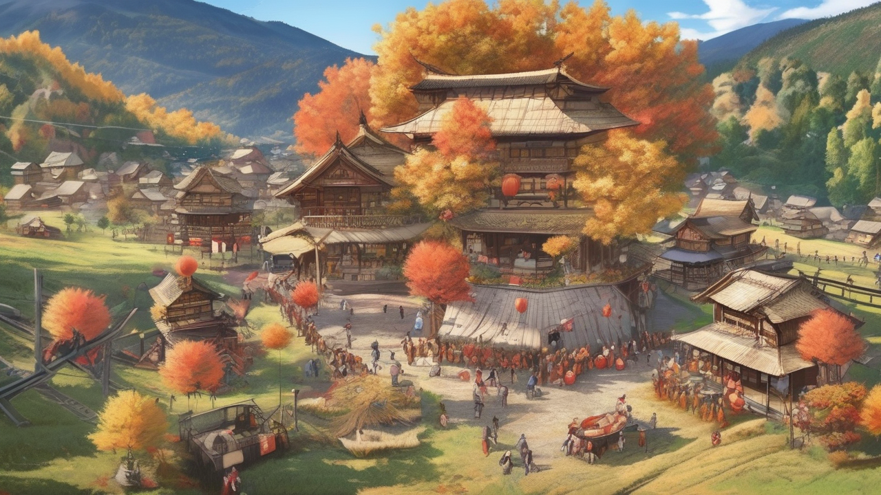 Anime harvest festival in a rural mountain village