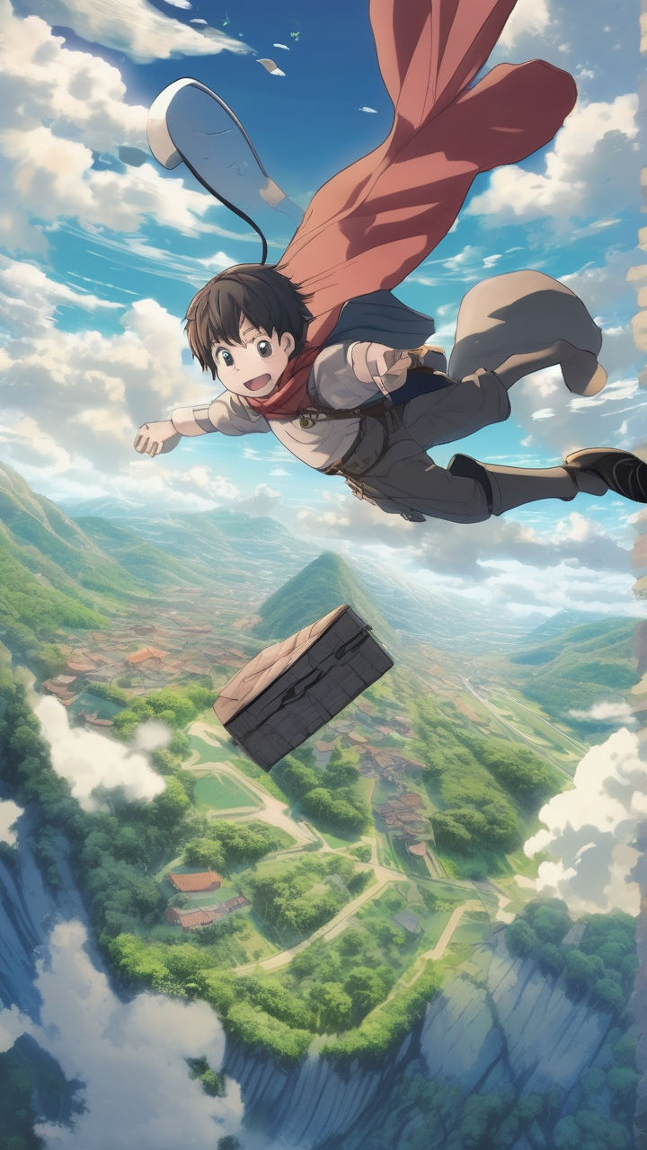 Anime isekai arrival — a boy falling from the sky into a fantasy world