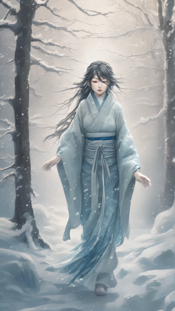 Anime snow spirit — a woman made of ice and snow walking through a blizzard