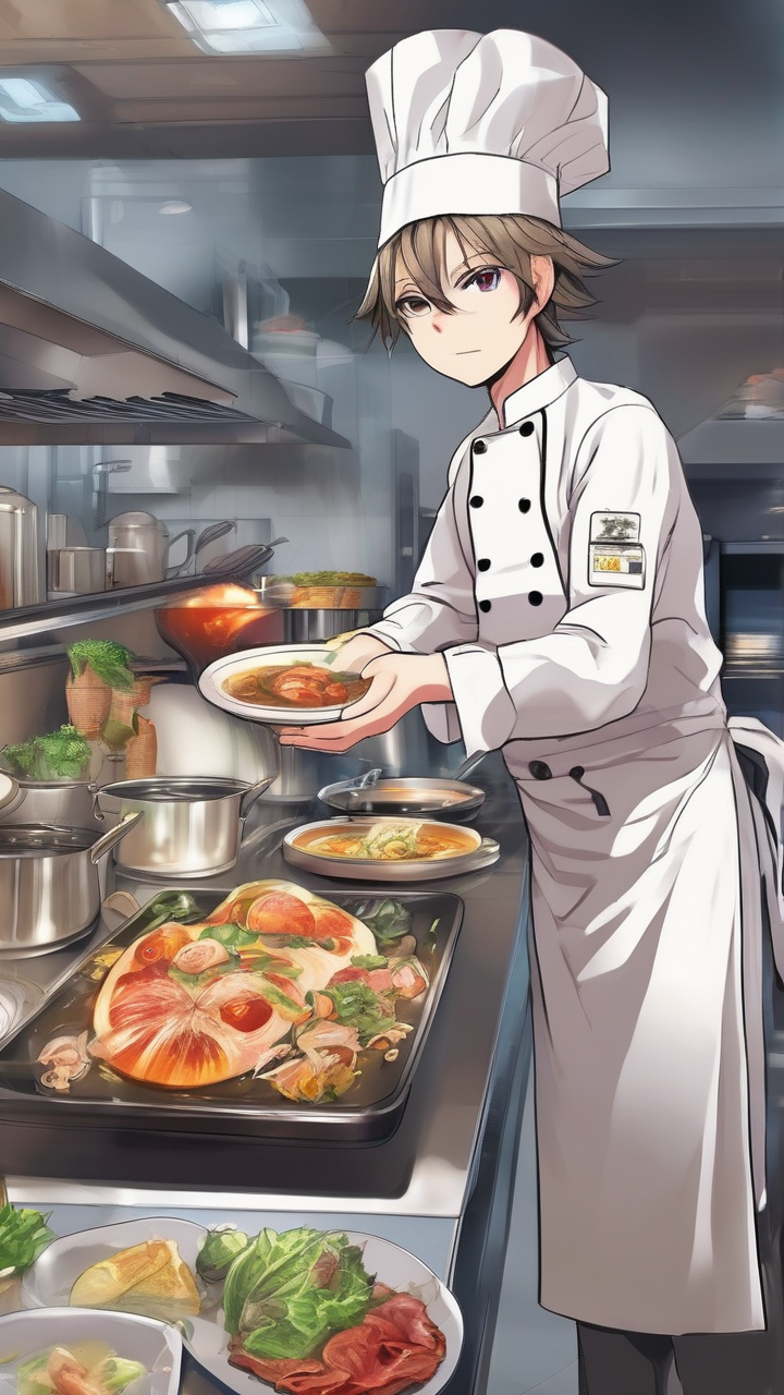 Anime chef competition — a young chef presenting a beautiful dish