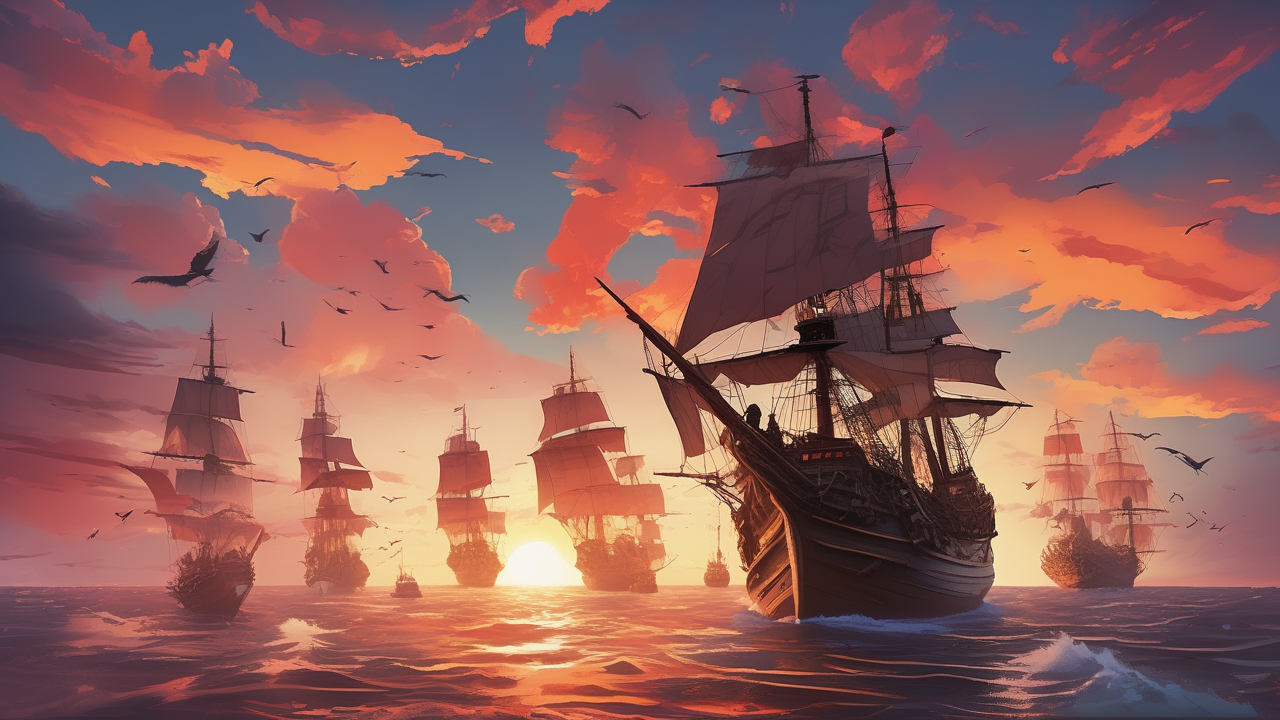 Anime pirate fleet sailing at sunset