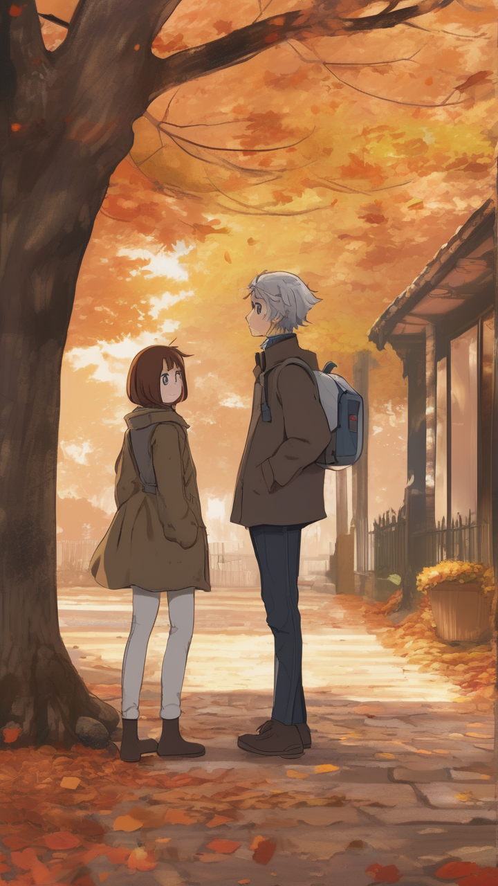 Post-timeskip reunion in anime style — two grown characters meeting at their childhood spot