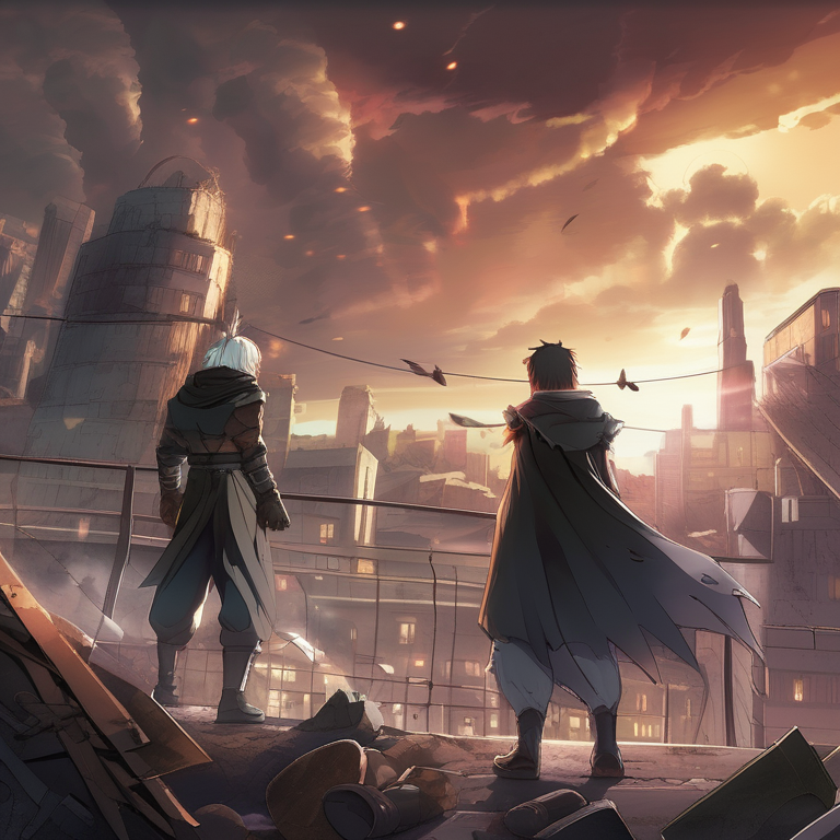 Anime final battle — hero and villain face off in a ruined city