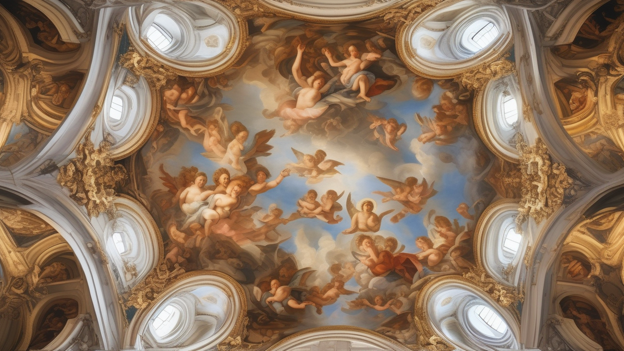 Baroque cathedral ceiling fresco looking straight up