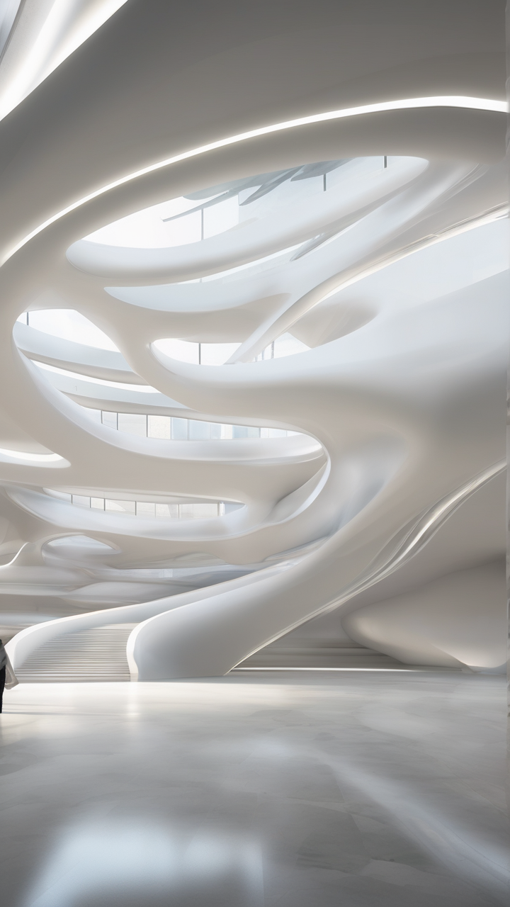 Futuristic Zaha Hadid-style museum interior