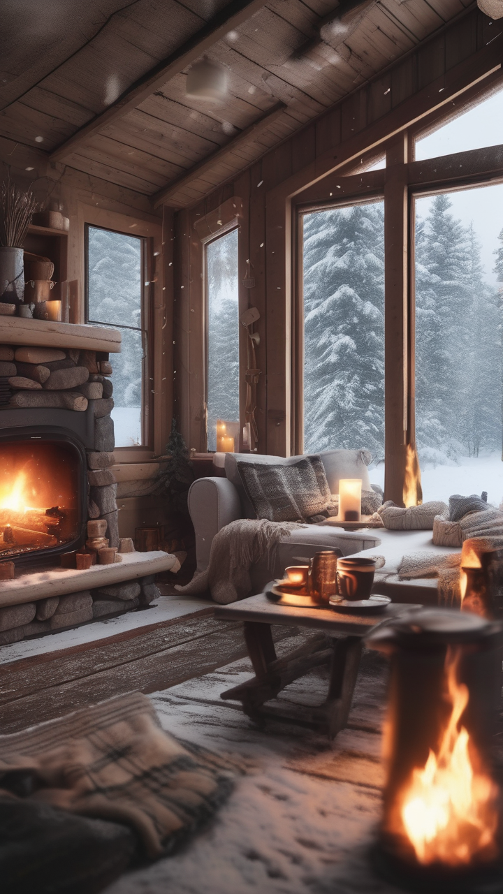 Cozy Scandinavian cabin interior in a snowstorm