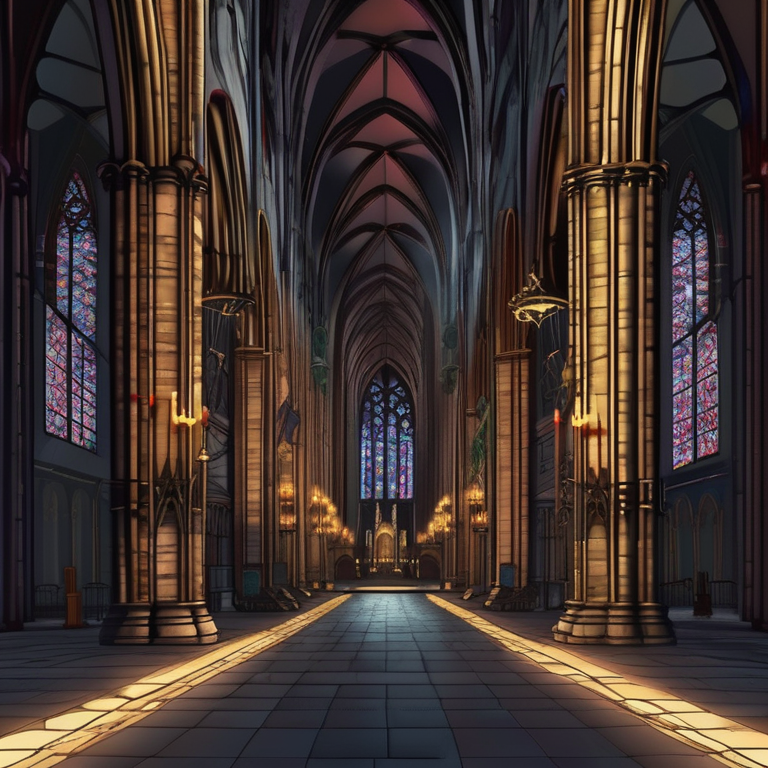 Gothic cathedral nave at night