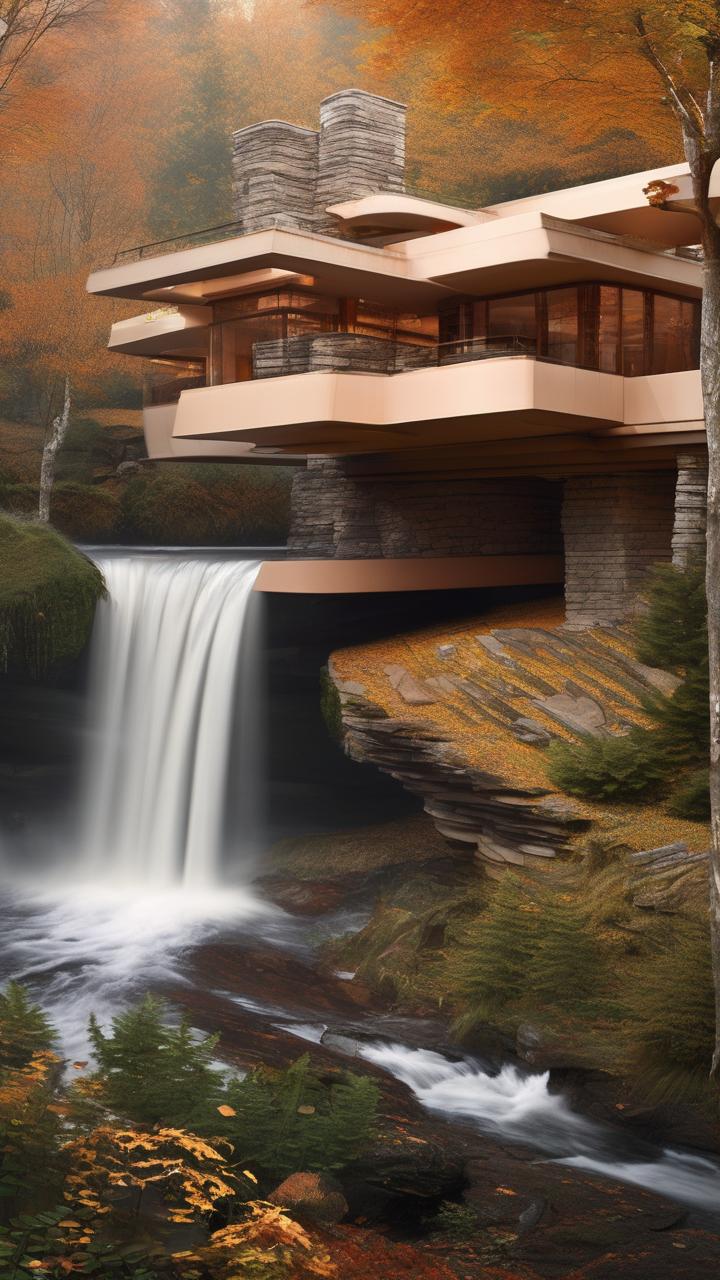 A Frank Lloyd Wright-style organic house cantilevered over a waterfall