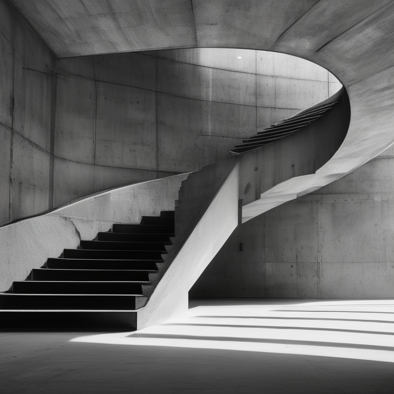 A brutalist staircase spiraling upward