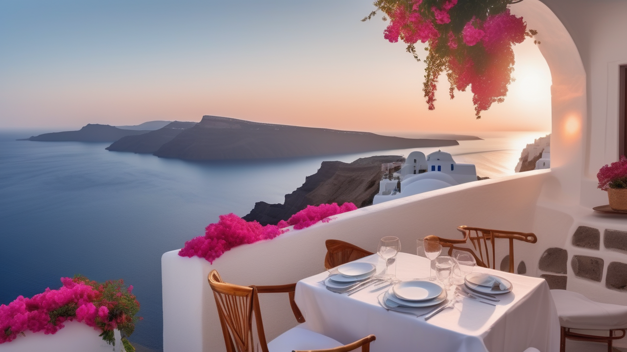 A cliffside restaurant in Santorini at sunset