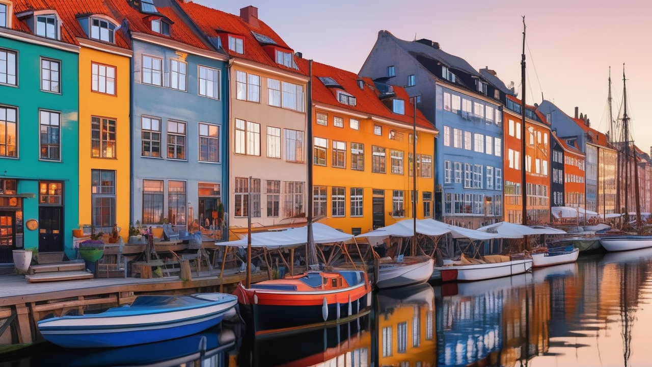 Copenhagen colored canal houses reflected in still water at golden hour