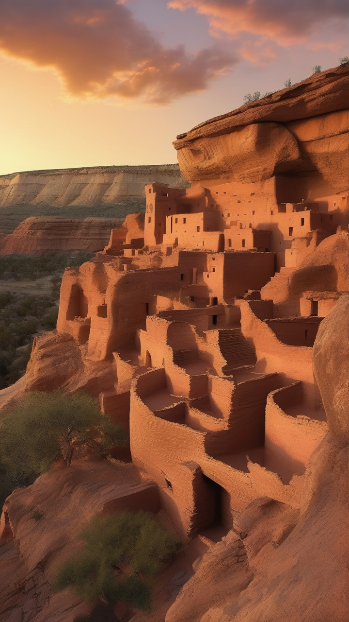 Ancient pueblo cliff dwellings at sunrise
