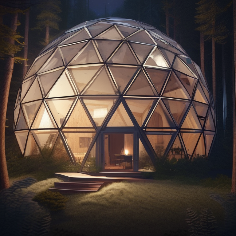 A geodesic dome home in a forest at night