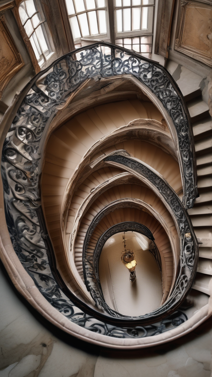 The breathtaking view from the top of a spiral staircase in a Baroque Italian palace