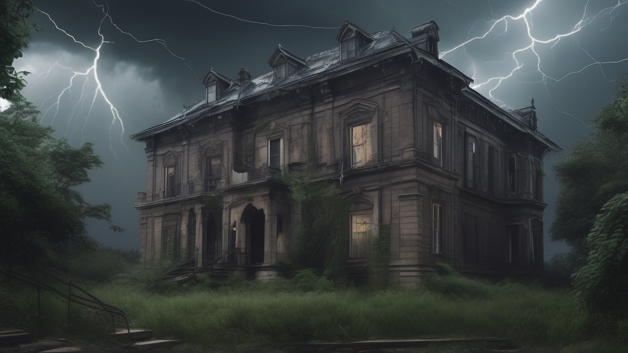 An abandoned asylum on a hill in a thunderstorm