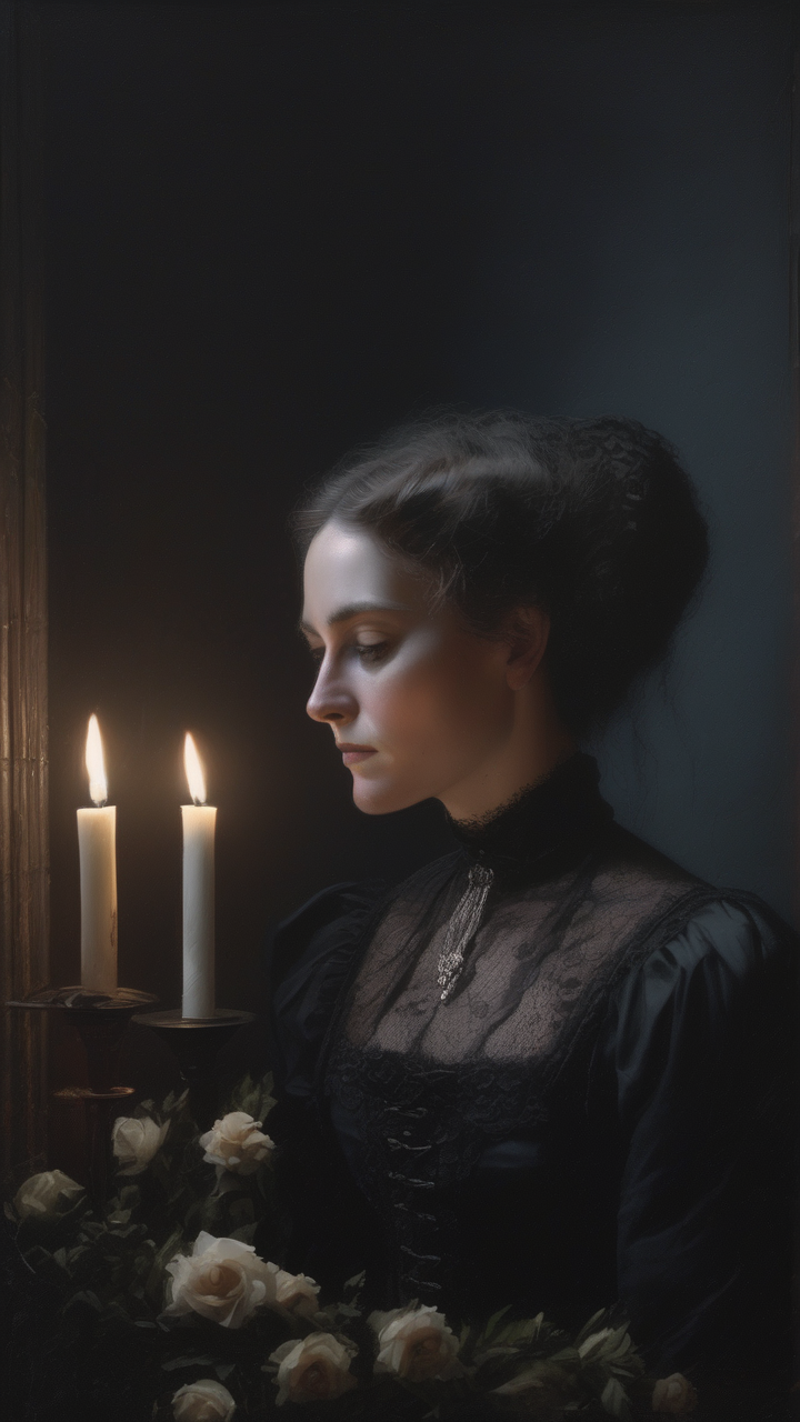 Victorian mourning portrait aesthetic — a woman in black lace in a dark room