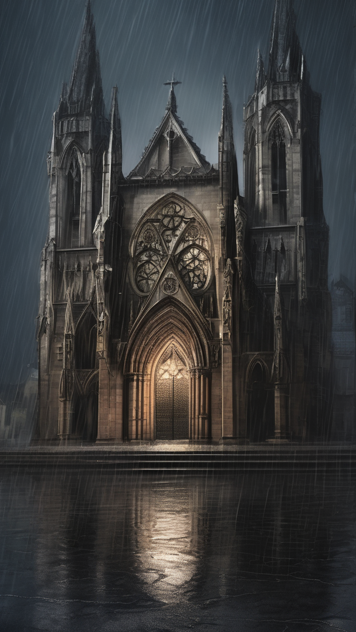 Gothic cathedral at midnight in heavy rain