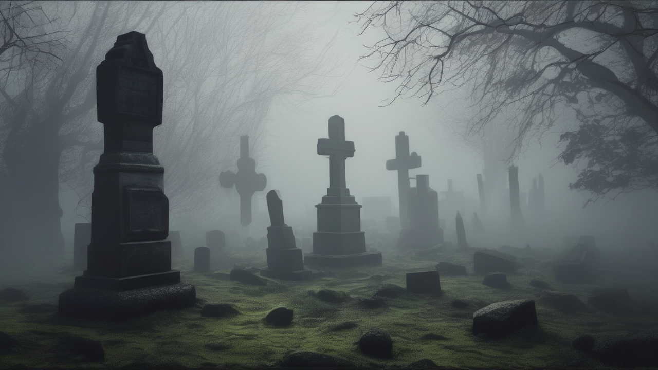 An ancient cemetery in fog at 3 AM