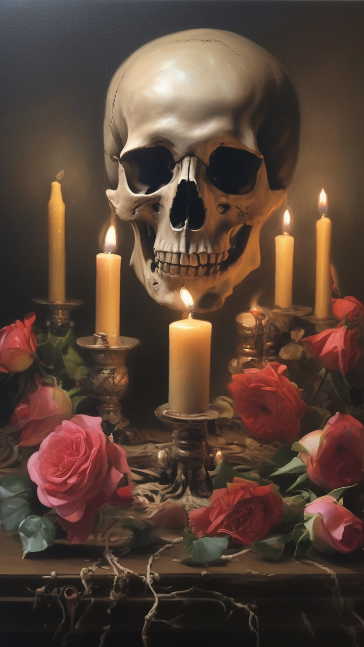 Baroque skull still life with roses and candles