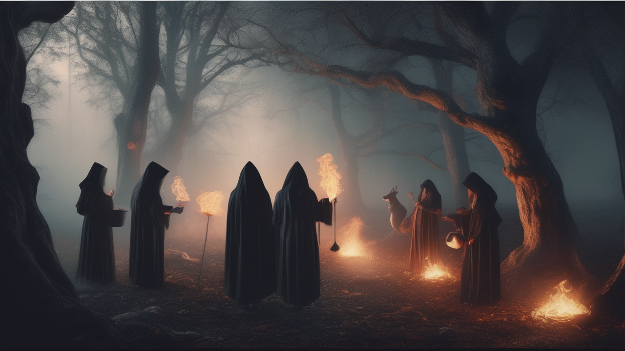 A coven of witches in a moonlit forest clearing