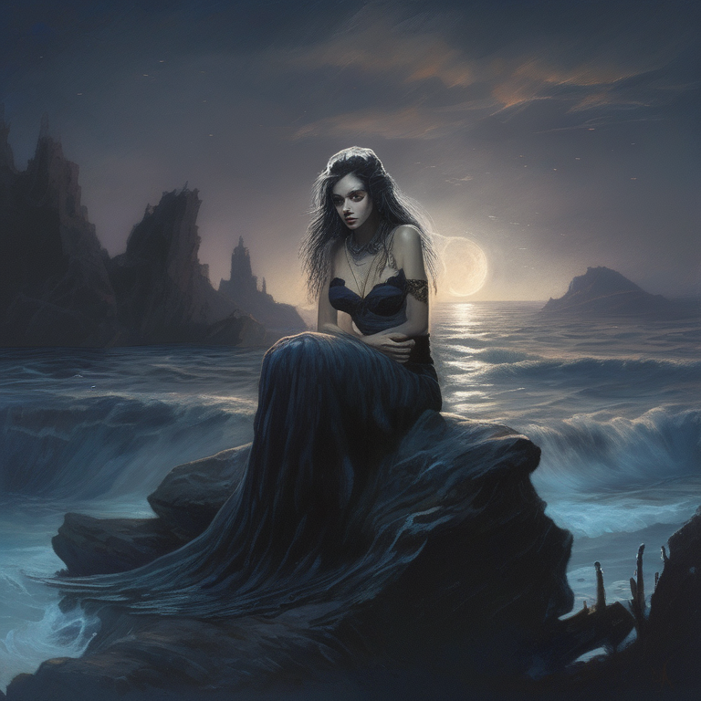 Dark mermaid — sitting on rocks in a moonlit sea